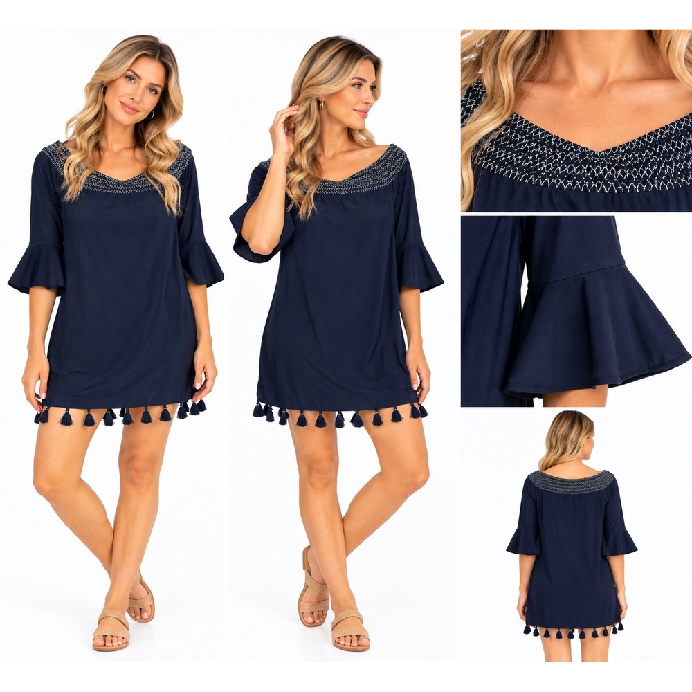 Cabana Life M Swim Cover Up Navy Tassel Bell Sleeve Smocked Boho Resort Beach